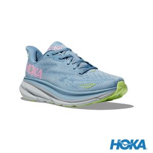 HOKA 女 Clifton 9 寬楦 路跑鞋 薄暮藍/粉色
