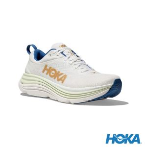 HOKA 男 Gaviota 5 寬楦 路跑鞋 霜白色/金