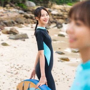 Speedo 女 運動連身短袖及膝泳裝 黑/海洋藍