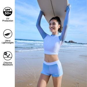 Speedo 女 長袖防曬上衣Sunprotection 白/迷霧灰藍