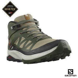 Salomon 男 OUTRISE Goretex 中筒登山鞋 橄欖綠/灰白/甜杏褐