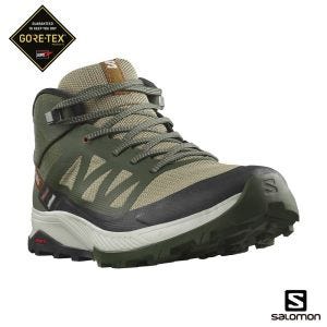 Salomon 男 OUTRISE Goretex 中筒登山鞋 橄欖綠/灰白/甜杏褐