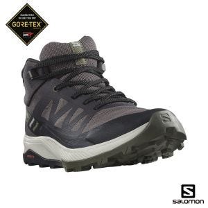 Salomon 女 OUTRISE Goretex 中筒登山鞋 粉咖/黑/深藻綠