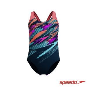 Speedo 女孩 運動連身泳裝Digital 深藍/珊瑚橘/藍紫
