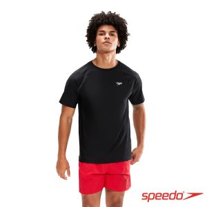 Speedo 男 LOGO短袖防曬衣 黑/白