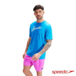 Speedo 男 LOGO短袖防曬衣 巴哈藍