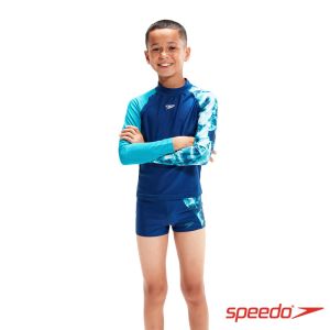 Speedo 兒童 長袖防曬衣 藍/浪花