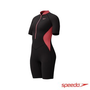 Speedo 女 運動連身短袖及膝泳裝 黑/珊瑚橘