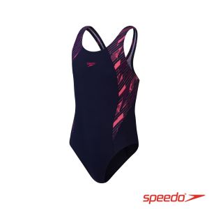 Speedo 女孩 運動連身泳裝HyperBoom 深藍/電光粉