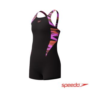 Speedo 女孩 運動連身平口泳裝HyperBoom 黑/霓虹紫/橘