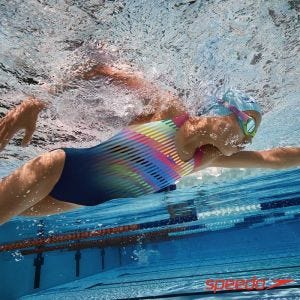 Speedo 女孩 運動連身泳裝Digital 黑/橘/鈷藍/黃