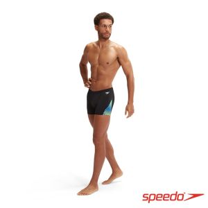 Speedo 男 競技四角泳褲Allover V-Cut 黑/鈷藍