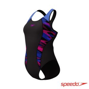 Speedo 女 運動連身泳裝Placement 黑/粉紫/天空藍