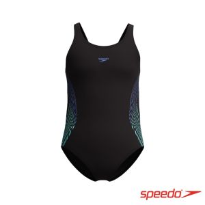 Speedo 女孩 運動連身泳裝Placmement 黑/鈷藍