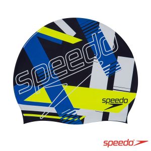 Speedo 成人矽膠泳帽 Logo 藍/黃