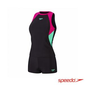 Speedo 女 運動兩件式平口泳裝 Colourblock 黑/粉紫/綠