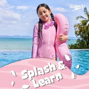 Speedo 女孩 運動長袖連身泳裝Splash ＆ Learn 粉/碎花