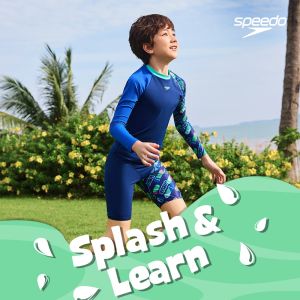 Speedo 男孩 長袖防曬上衣Splash ＆ Learn 藍/滑板車